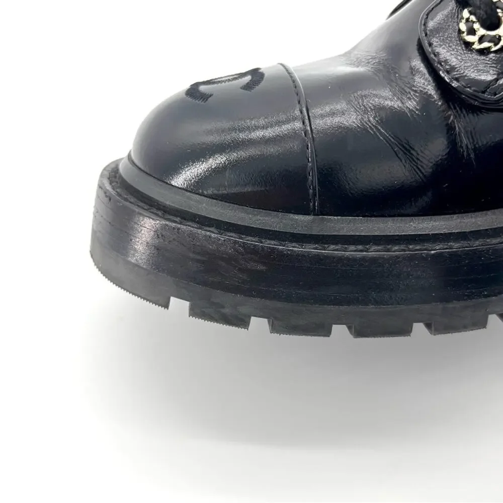Chanel Brave Shiny Calfskin Quilted CC Chain Cap Toe Platform Short Boots 37